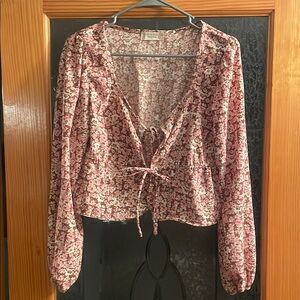 Altar'd State Pink and White Tie Front Crop Blouse